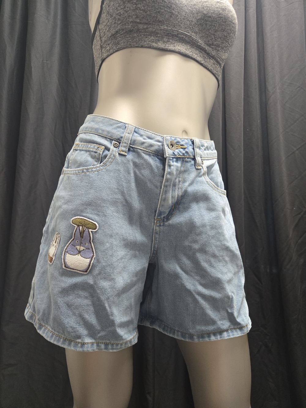 Light Blue Embroidered Patch Denim Shorts for Women
